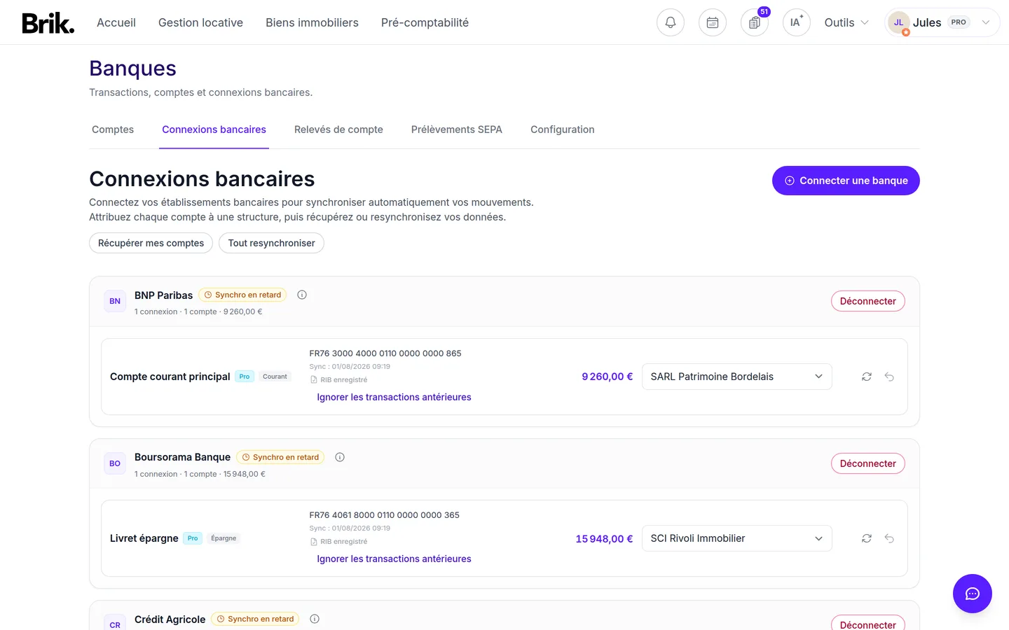 Menu déroulant Structure attribuée dans Connexions bancaires