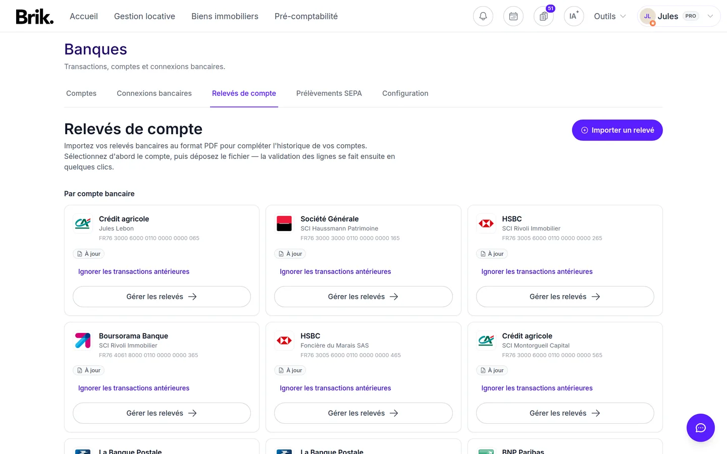 Onglet Relevés de compte de l'écran Banques de Brik