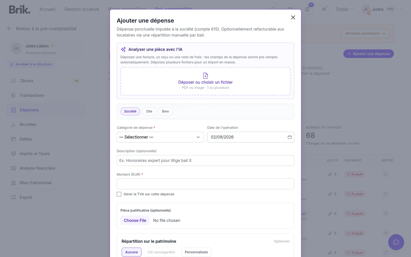 Formulaire Ajouter une dépense de la pré-comptabilité Brik