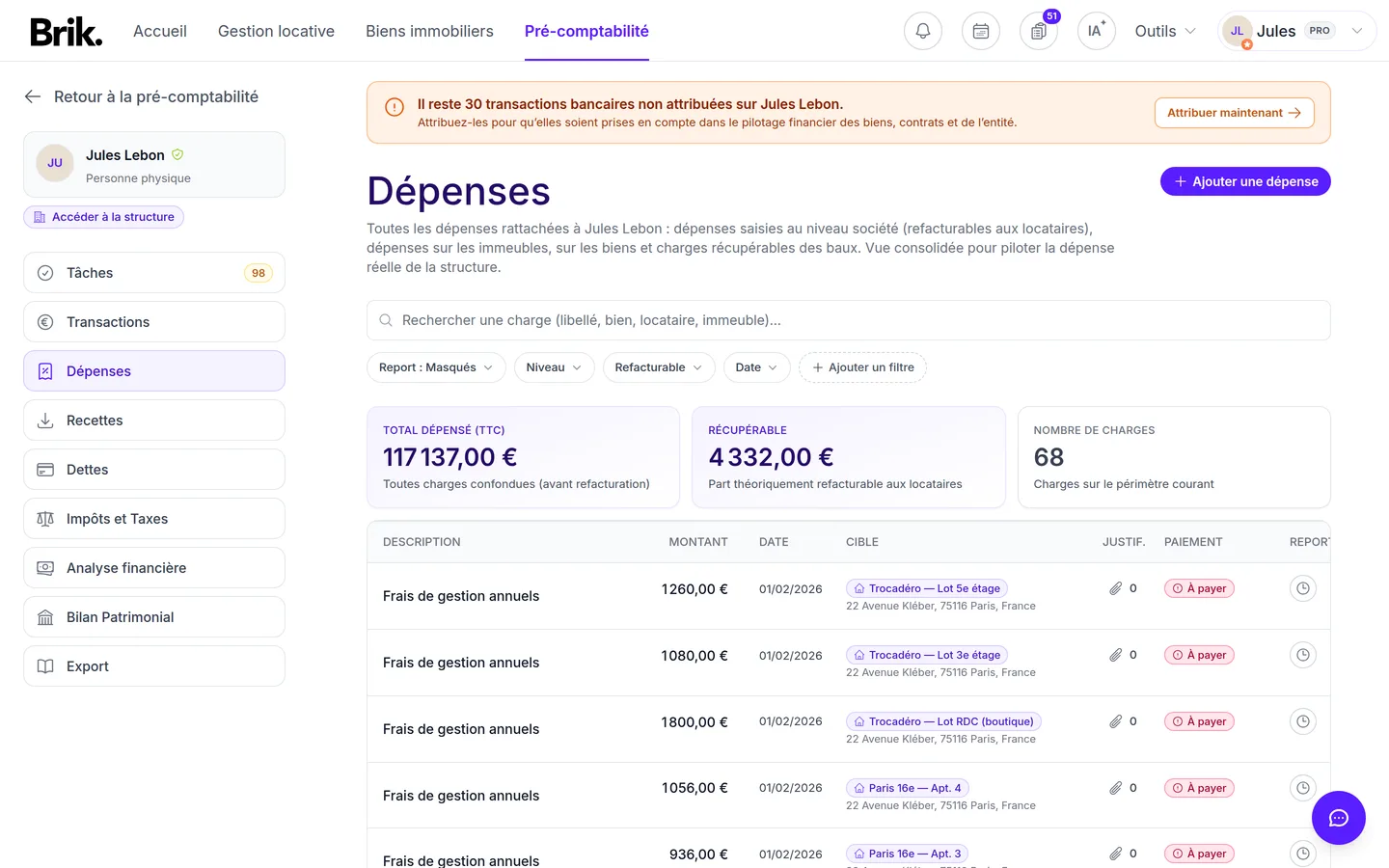 Onglet Dépenses de la pré-comptabilité Brik