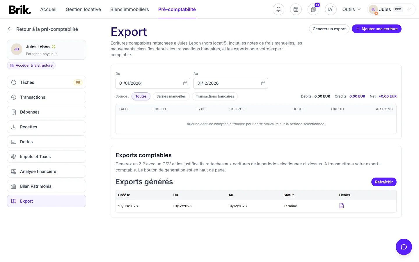 Onglet Export de la pré-comptabilité Brik