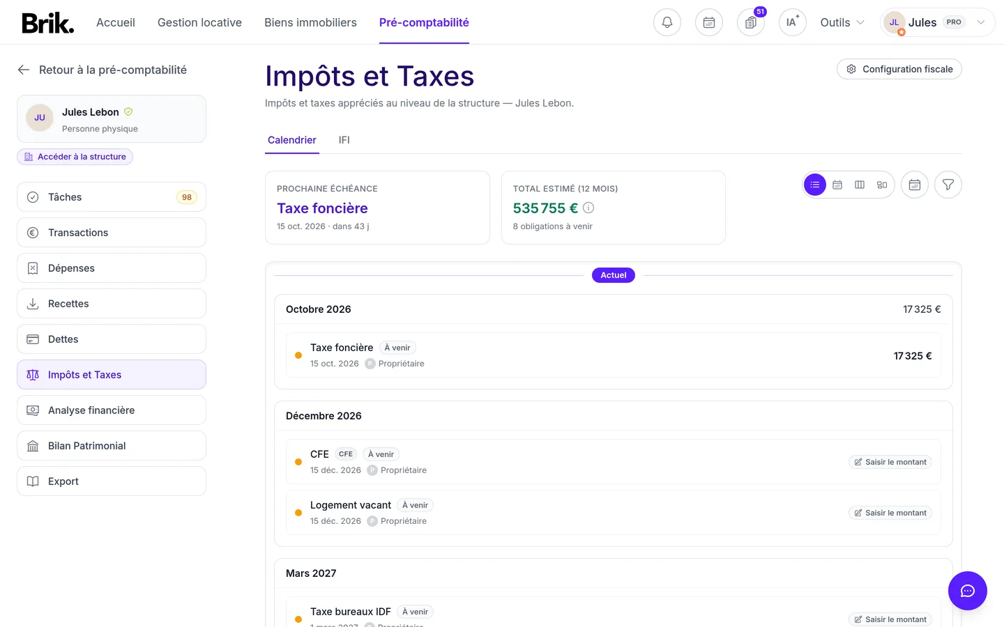 Onglet Impôts et Taxes d'une structure dans Brik