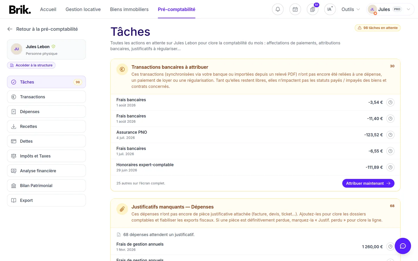 Onglet Tâches d'une structure dans la pré-comptabilité Brik