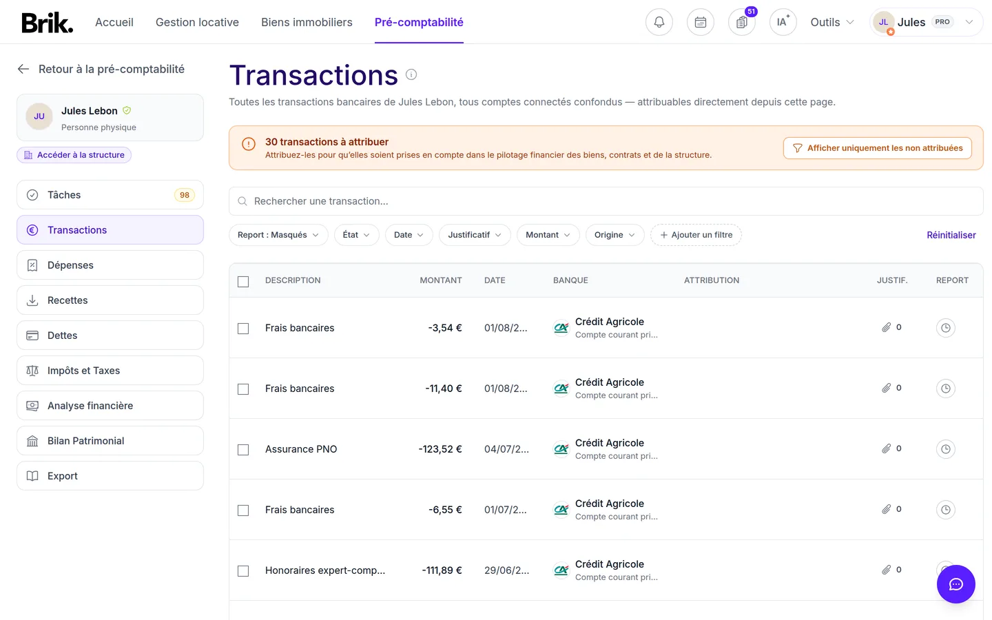Onglet Transactions de la pré-comptabilité Brik