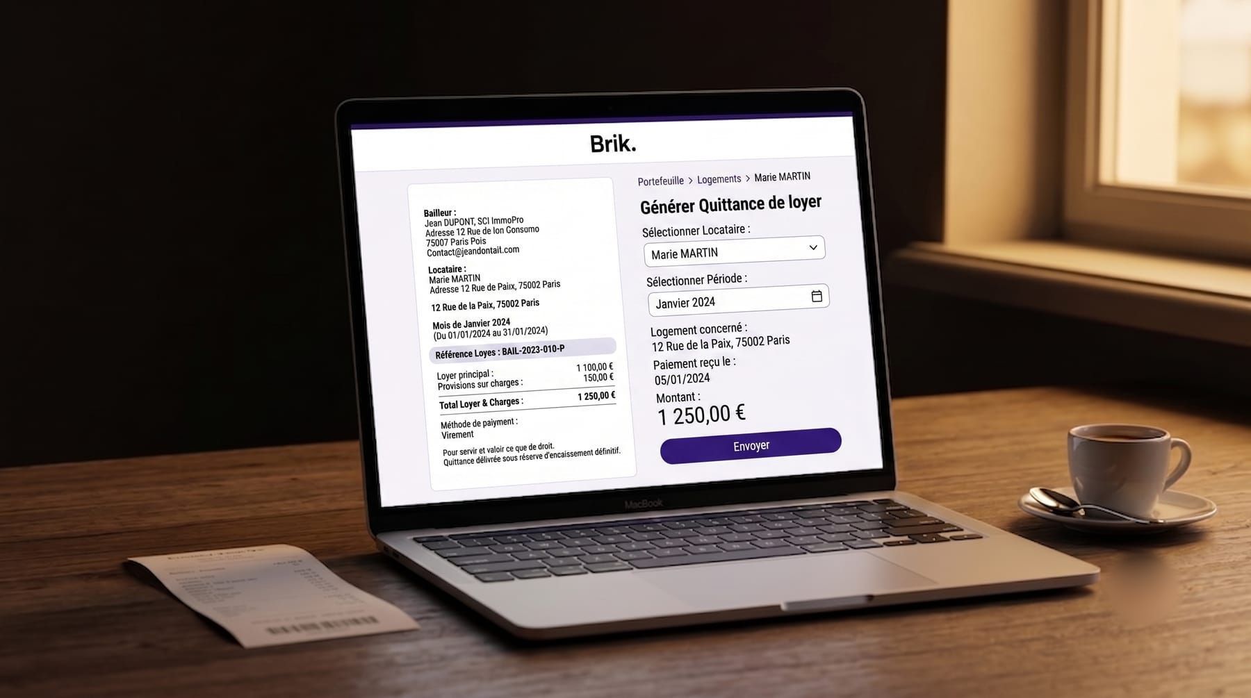 Aperçu d'une quittance de loyer générée dans Brik