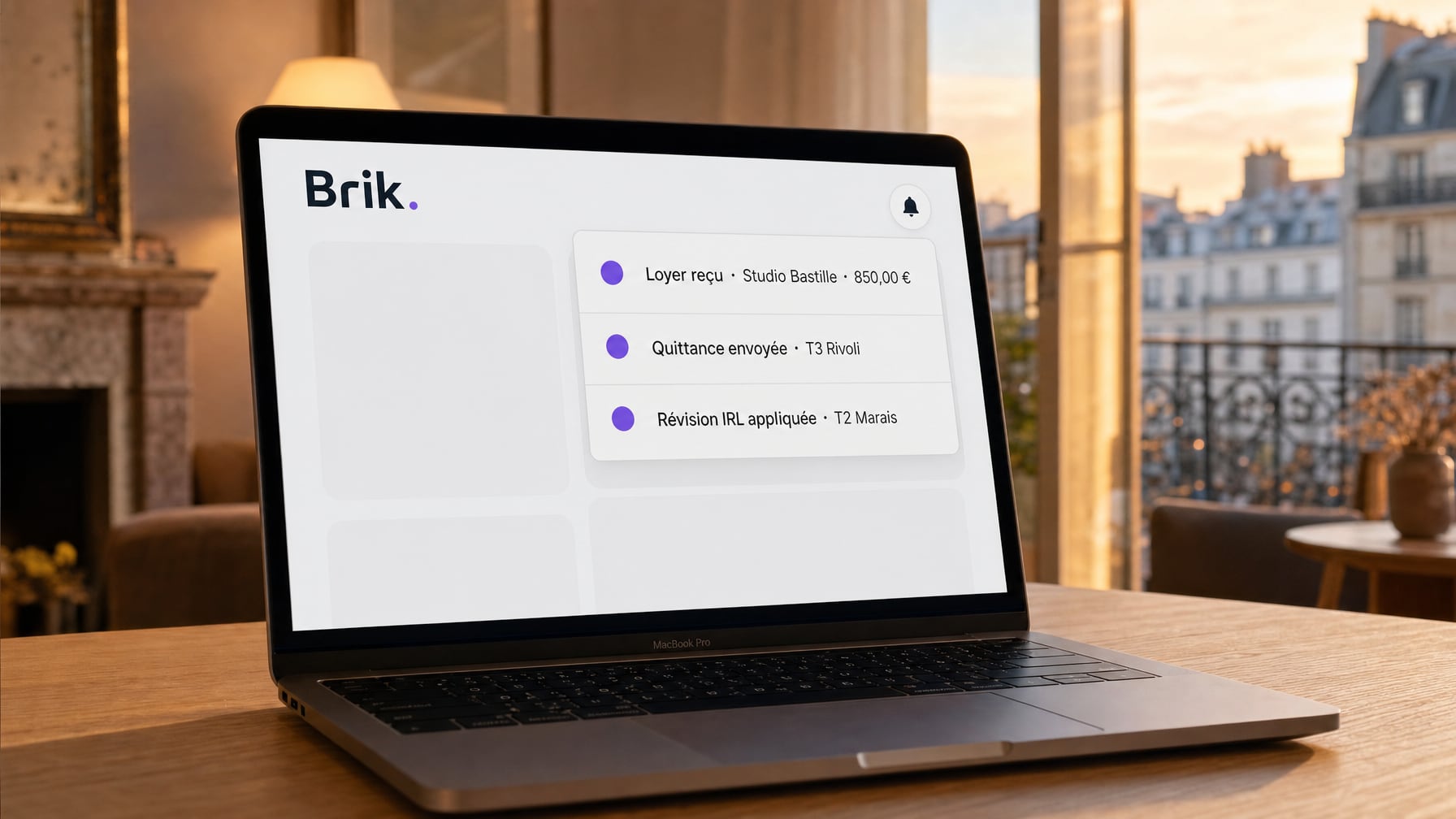 Notifications Brik à l'écran : loyer reçu, quittance envoyée, révision IRL appliquée