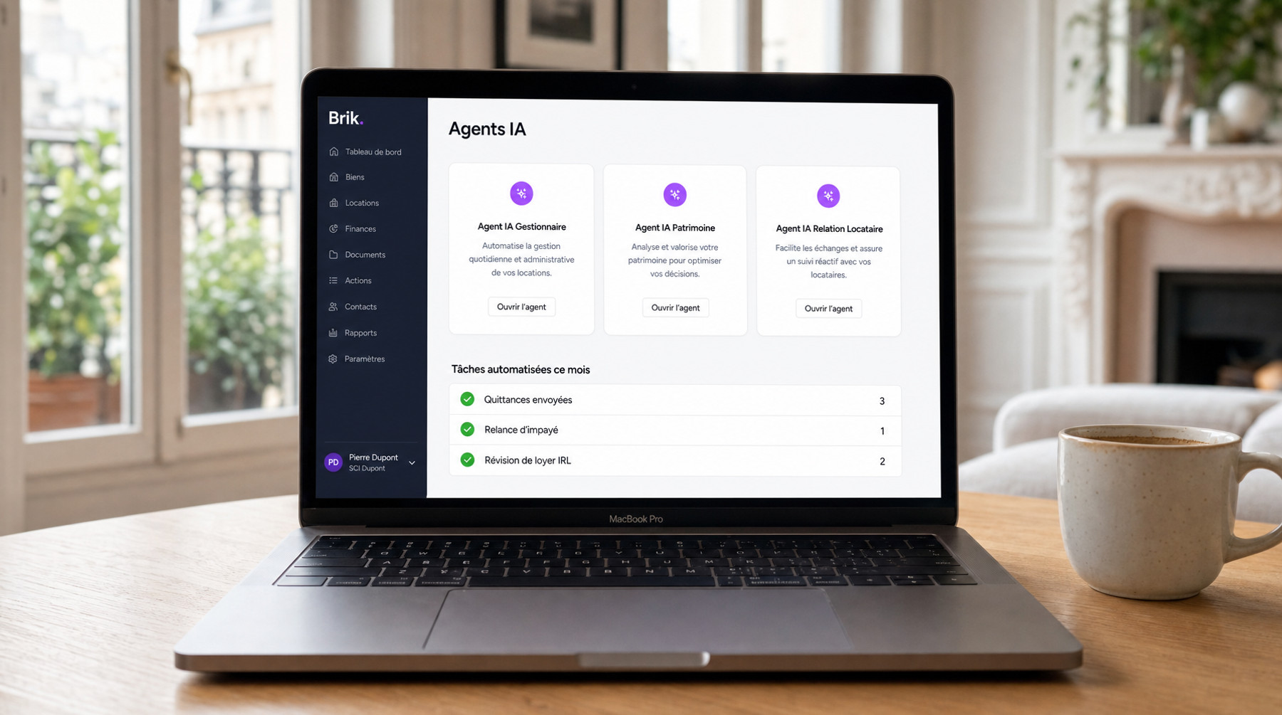 Espace Agents IA de Brik : Agent Gestionnaire, Agent Patrimoine et Agent Relation Locataire, avec les tâches automatisées du mois