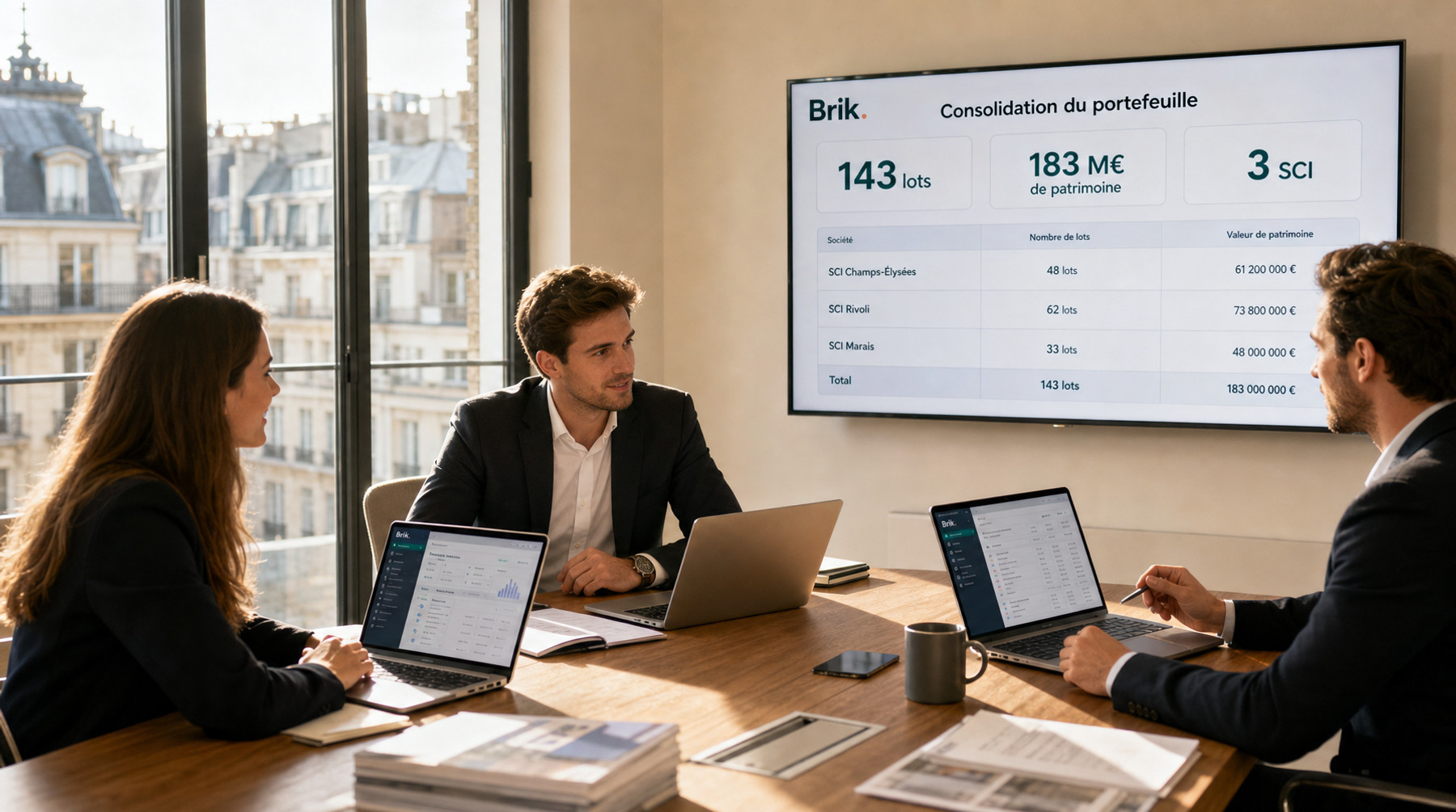 Réunion d'un gestionnaire immobilier professionnel : consolidation Brik Pro du portefeuille multi-SCI à l'écran