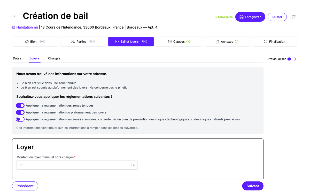 Écran Loyer du générateur de bail Brik : réglementations des zones tendues et encadrement des loyers appliqués automatiquement