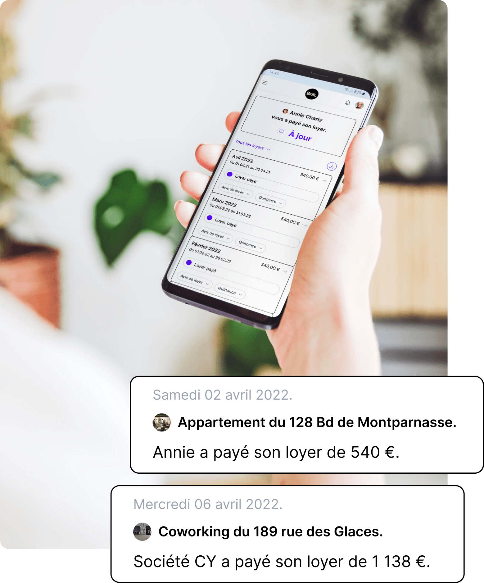 Application Brik affichant le suivi des loyers sur mobile