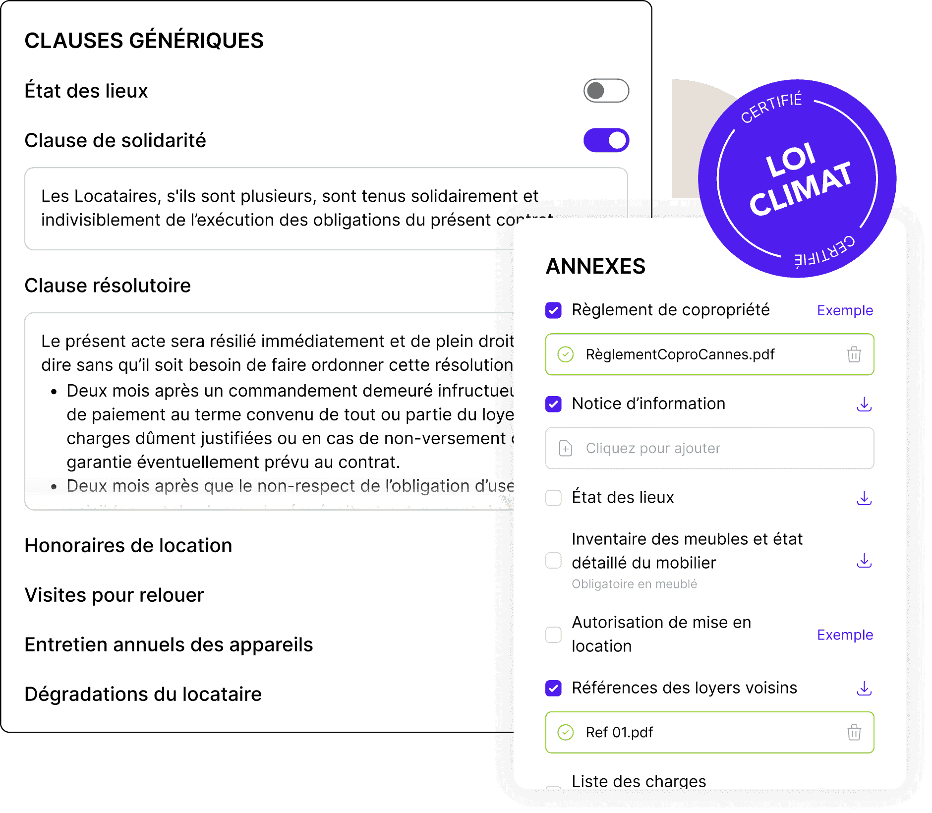 Interface Brik des clauses légales et annexes - Sélection personnalisée des protections juridiques pour propriétaires